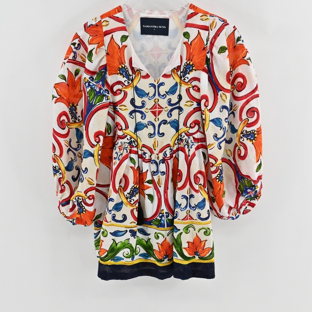 Samantha Sung Anastasia Tunic Top Womens Size 6 Multicolor Linen V-Neck Majolica